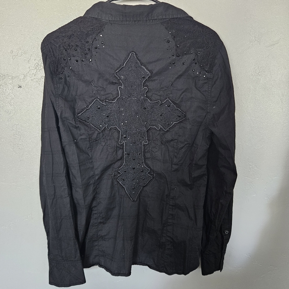 Affliction Black Premium Women's XL Long Sleeve Button Up Shirt Cross Embroidery - Picture 6 of 8